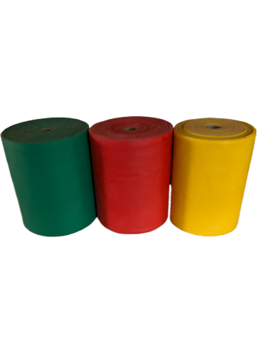 Set van drie weerstandsbanden op rol – geel, rood en groen – 45 meter, perfect voor fysiotherapie en krachttraining